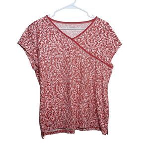 Garnet Hill Blouse Women's Large Floral Short Sleeve Boho V-Neck Shirt Top